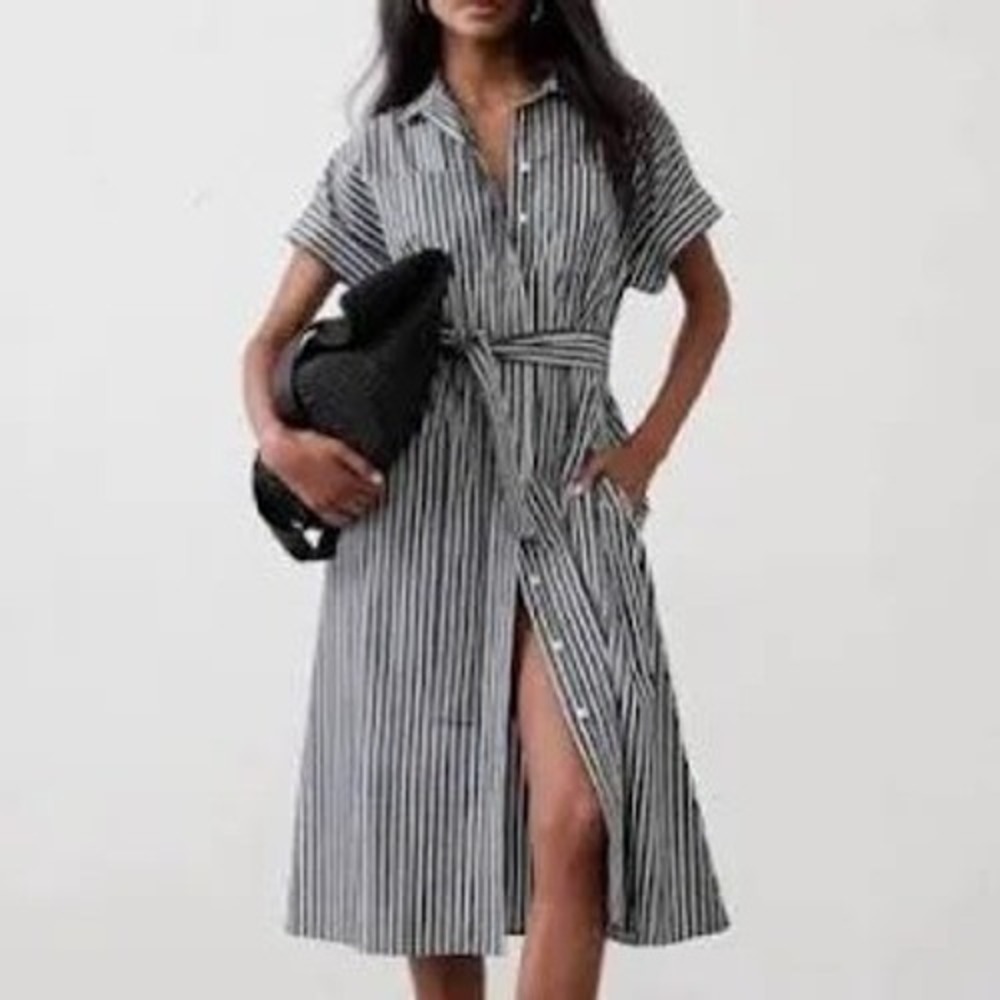 Banana Republic Shirt Dress Womens XS Blue NWT Striped Pocket Tie 705731-03-1